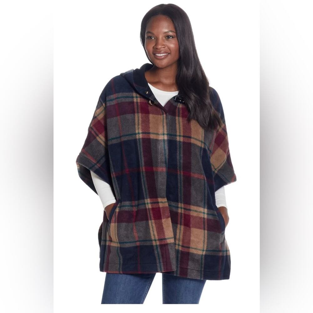 Weatherproof Plaid Fleece Hooded Cape Poncho – Women’s M EUC